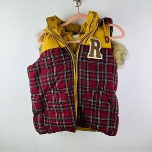Roxy Red Plaid Down Wool Blend Faux Fur Trim Hooded Puffer Vest Size M